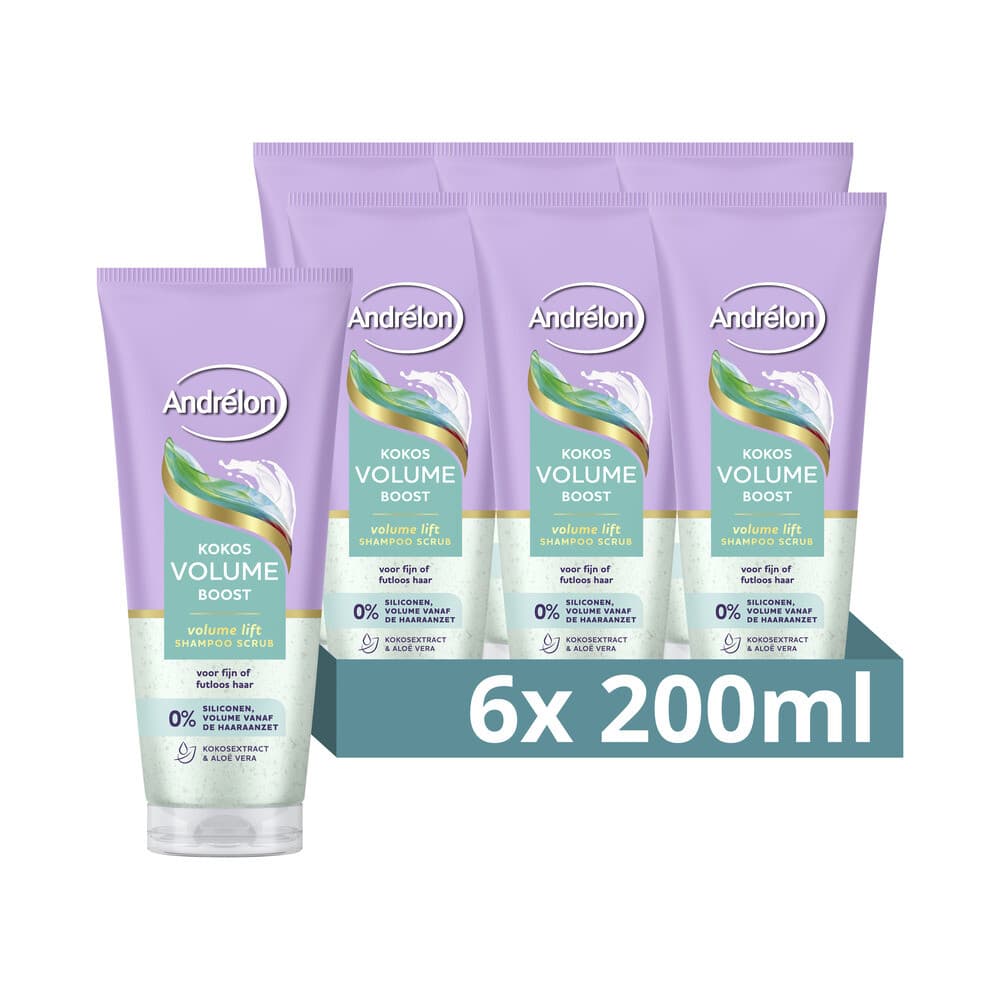 6x Andrélon Shampoo Scrub Kokos Volume Boost 200 ml