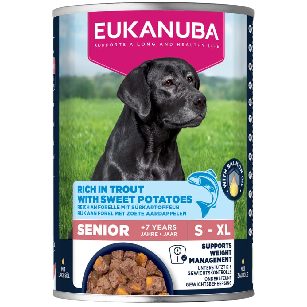 2+1 gratis: Eukanuba Life Care Dog Hondenvoer Nat Senior Trout&Sweet Potaties 400 gr
