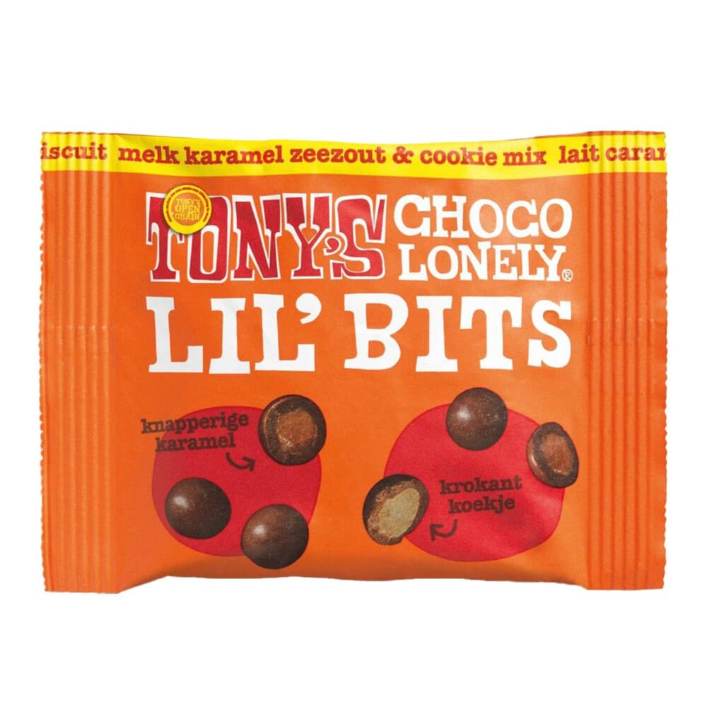 Tony's Chocolonely Lil'Bits Melk Karamel Zeezout&Cookie Mix 40 gr