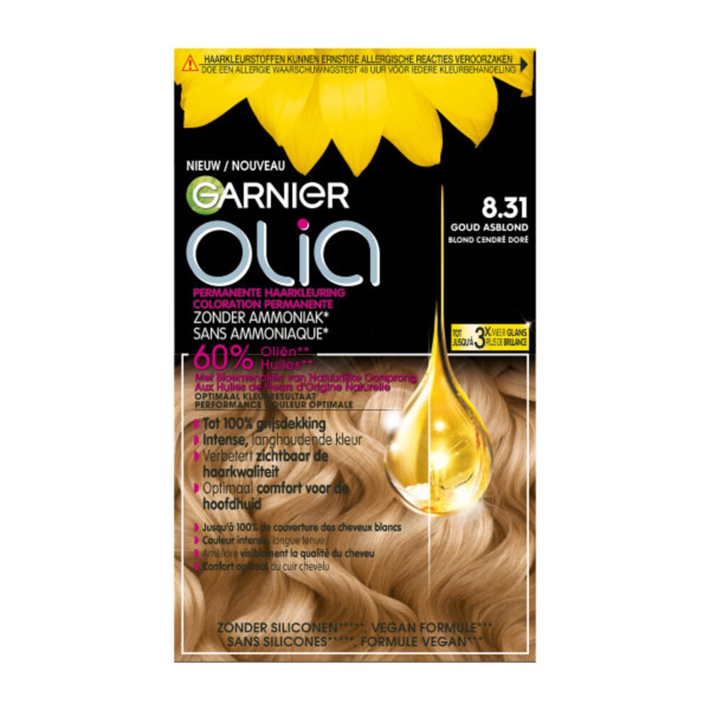 1+1 gratis: Garnier Olia Permanente Haarkleuring 8.31 Goud Asblond