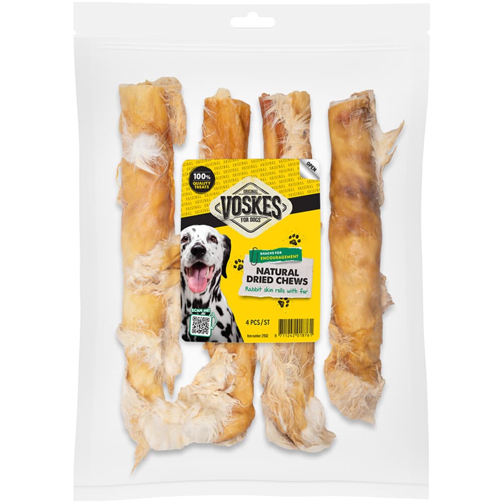 20x Voskes Hondensnack Konijnenhuidrollen met Vacht 4 stuks