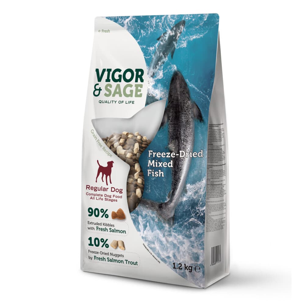 4x Vigor&Sage Hondenvoer Droog Adult Regular Freeze-Dried Mixed Fish 1,2 kg