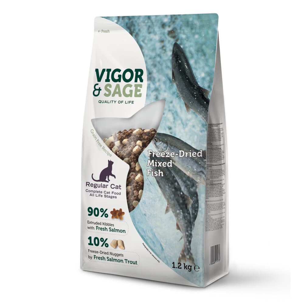 Vigor&Sage Kattenvoer Droog Adult Freeze-Dried Mixed Fish 1,2 kg