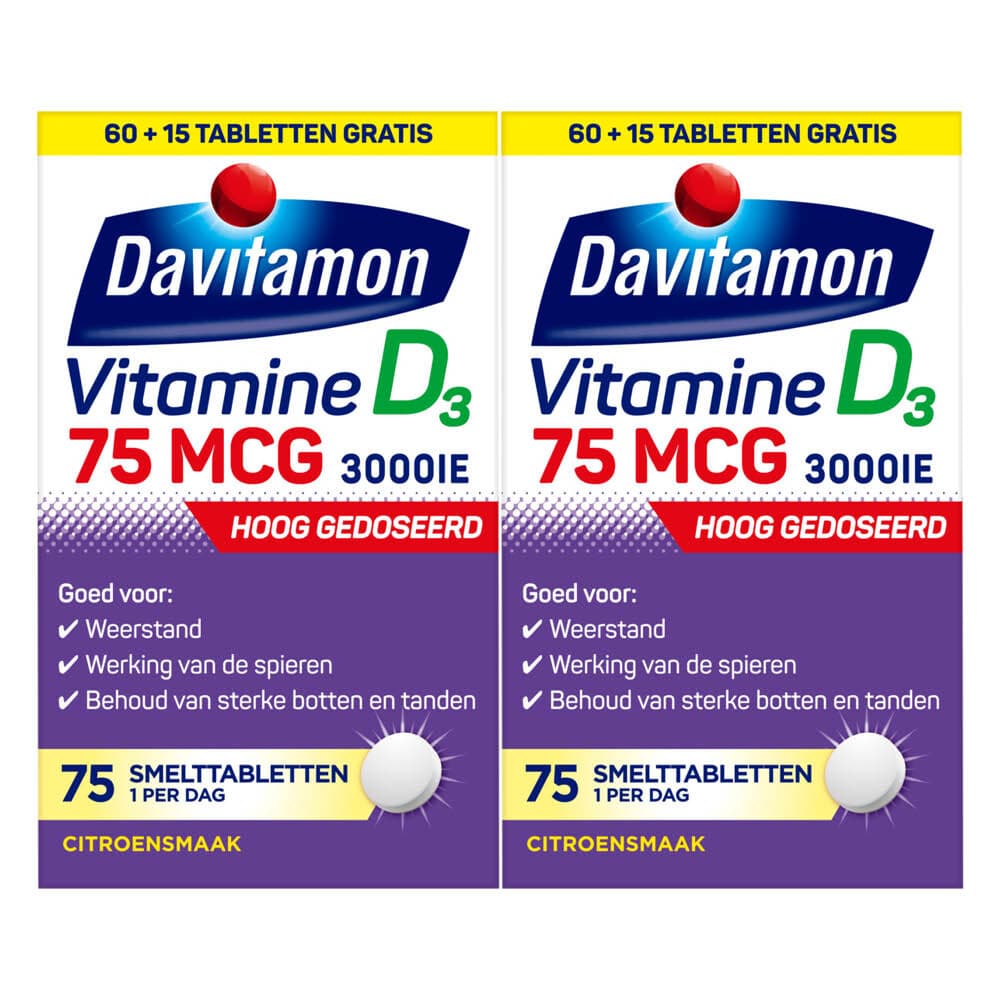 Gratis Verzending: 2x Davitamon Vitamine D3 75mcg Hoog Gedoseerd 75 smelttabletten