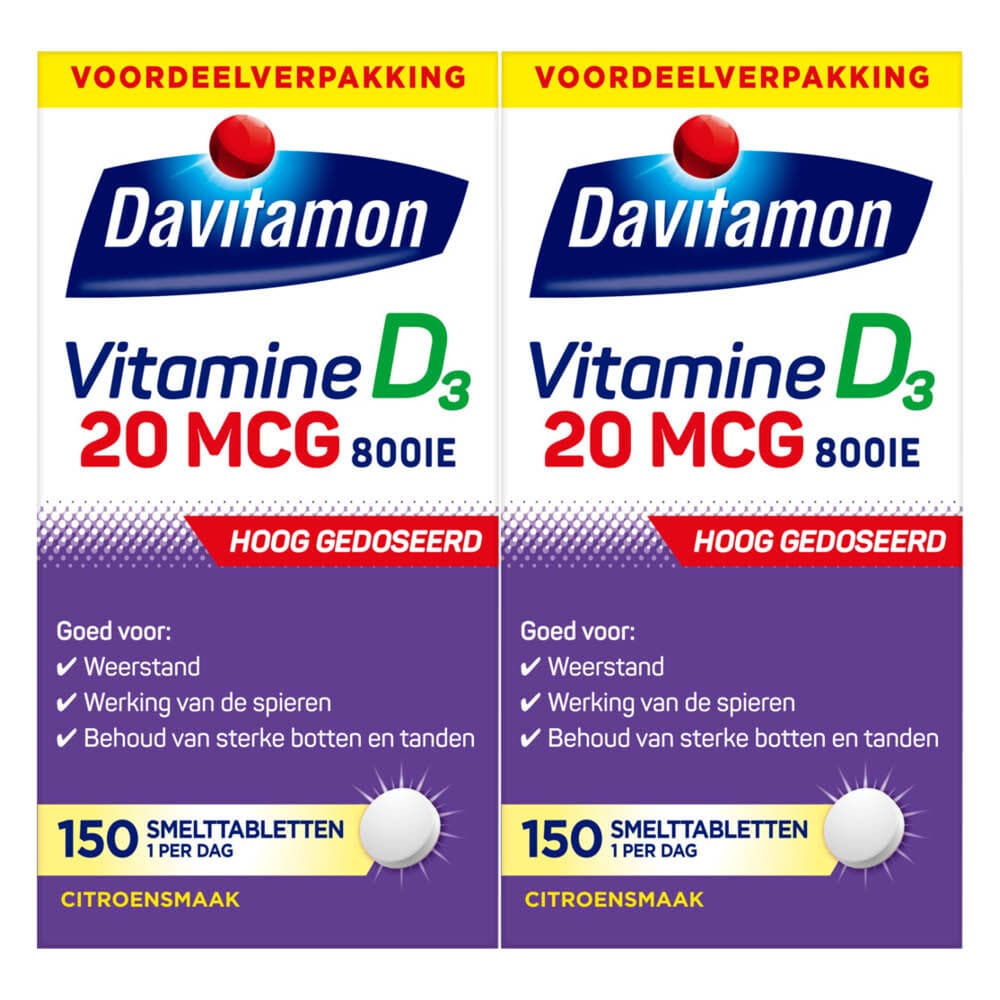 2x Davitamon Vitamine D3 20mcg Hoog Gedoseerd 150 smelttabletten