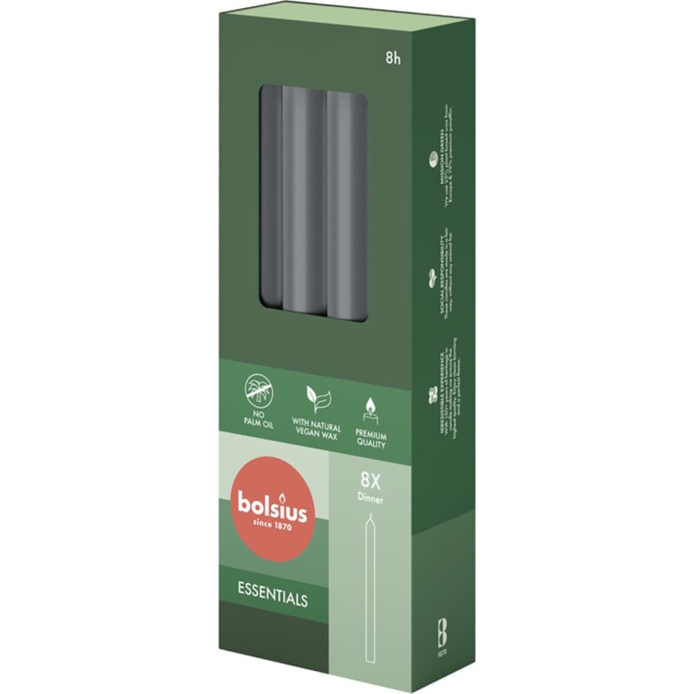 3+1 gratis: Bolsius Tafelkaarsen Stormy Grey 8 Stuks
