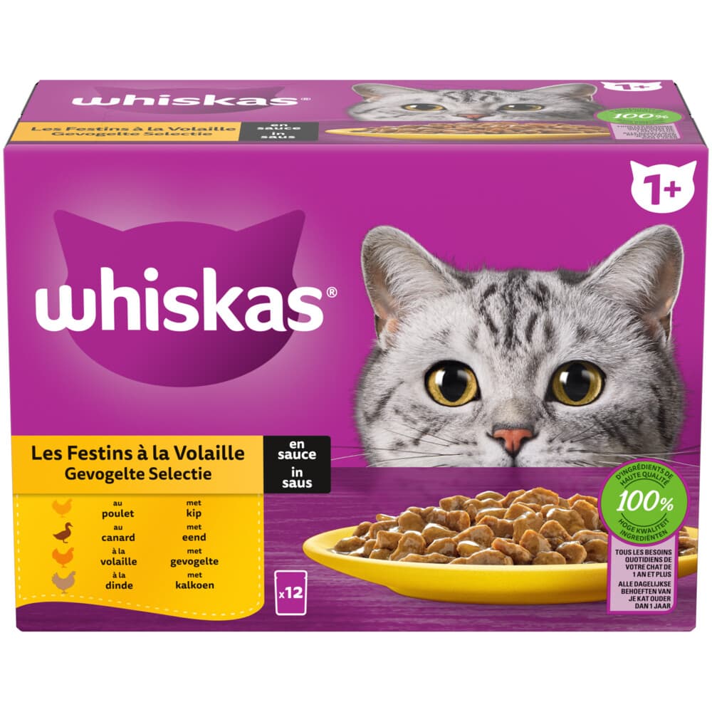 4x Whiskas Kattenvoer Nat Pouch 1+ Adult Saus Gevogelte Selectie 12 x 85 gr
