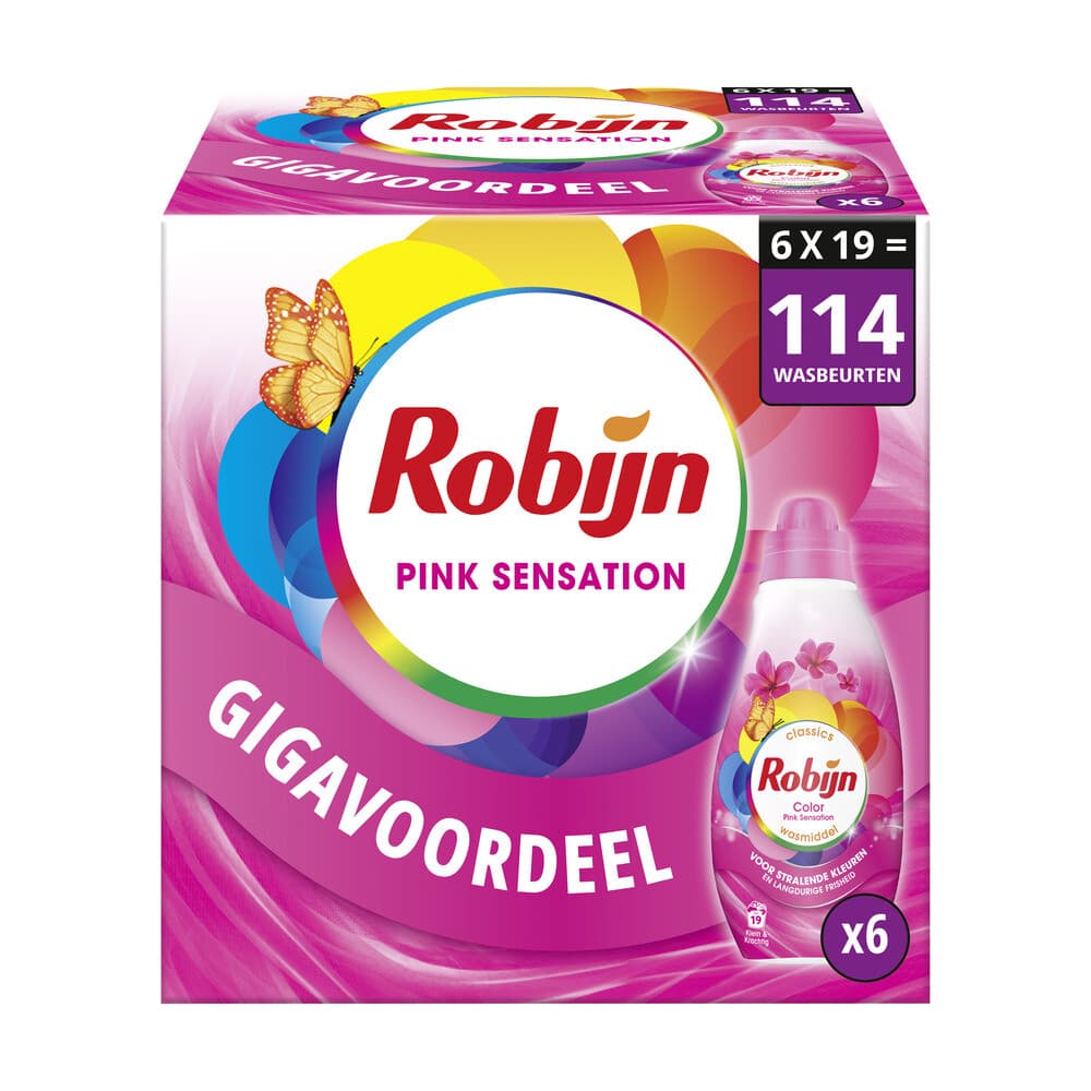 6x Robijn Klein&Krachtig Wasmiddel Pink Sensation 19 Wasbeurten 665 ml