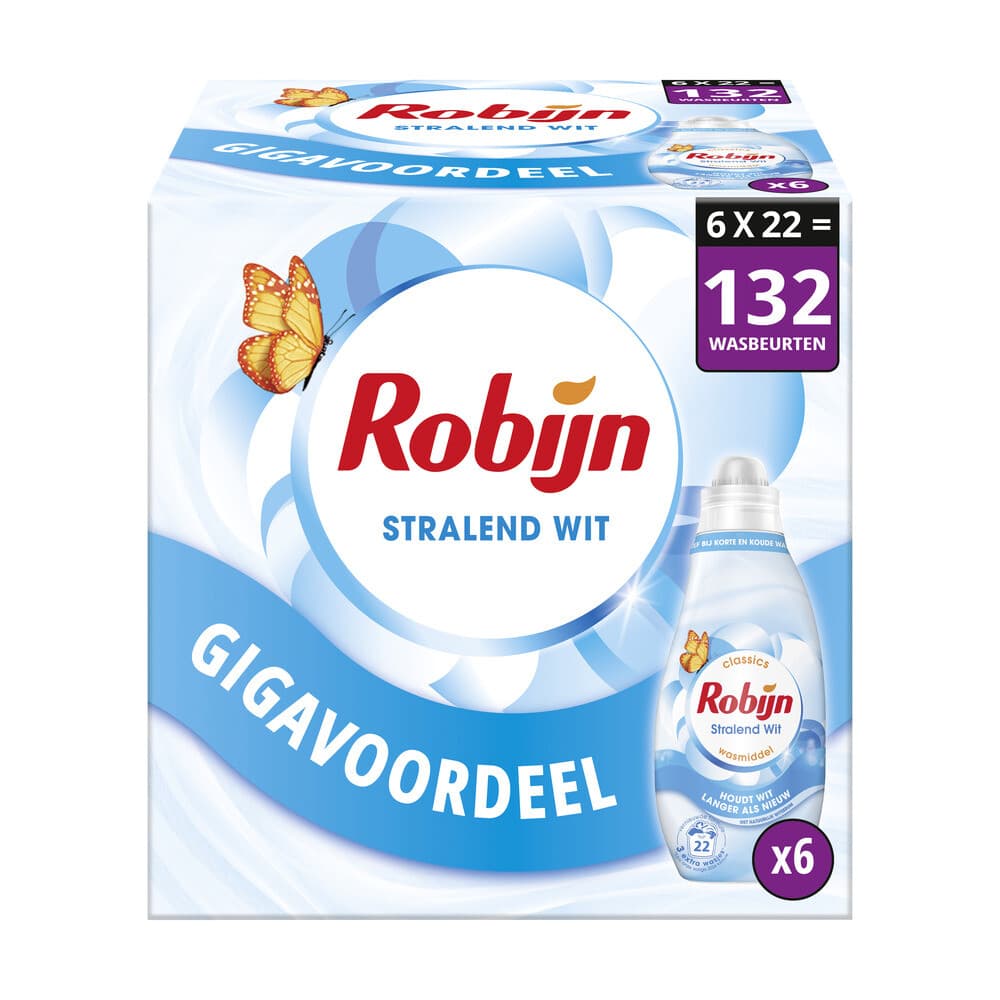 6x Robijn Klein&Krachtig Wasmiddel Stralend Wit 22 Wasbeurten 665 ml