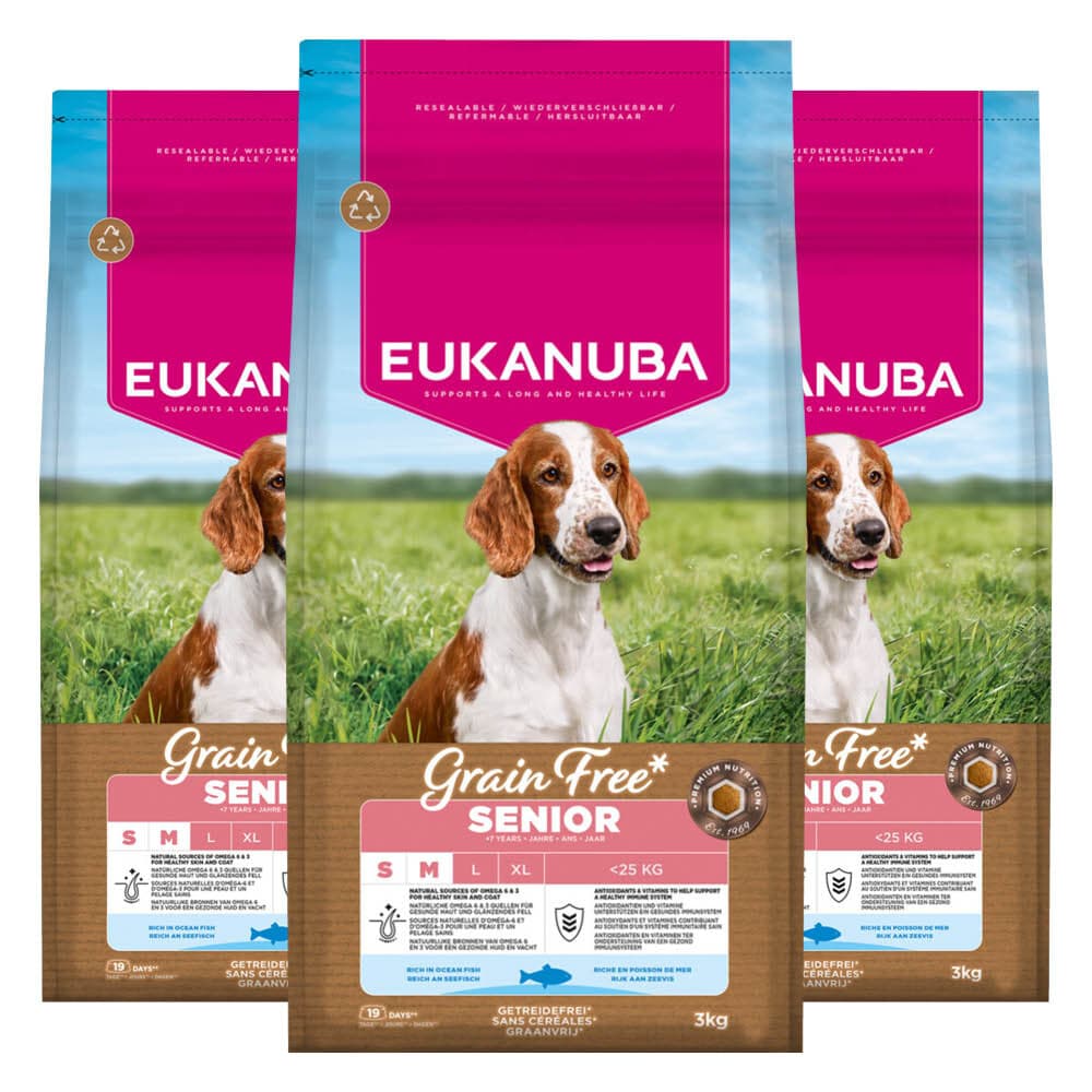 3x Eukanuba Hondenvoer Droog Grain Free Small/Medium Oceaanvis Senior 3 kg