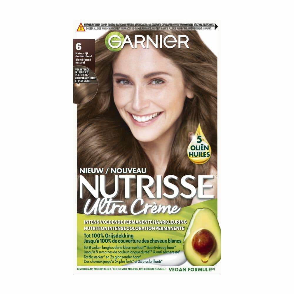 3x Garnier Nutrisse Ultra Crème Permanente Haarkleuring 6.0 Natuurlijk Donkerblond