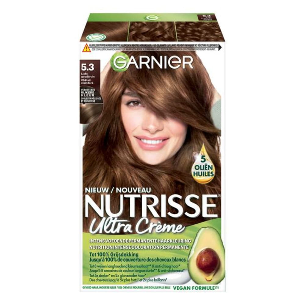 3x Garnier Nutrisse Ultra Crème Permanente Haarkleuring 5.3 Licht goudbruin