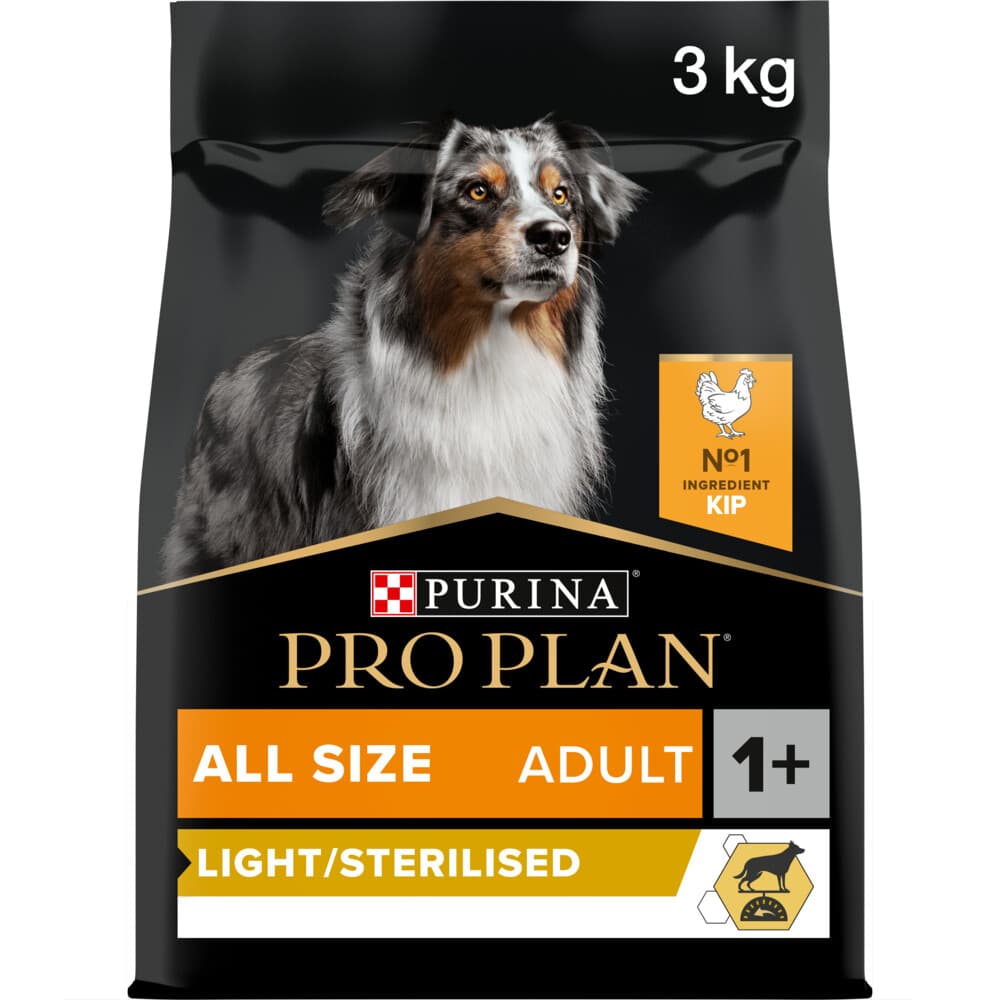 4x Pro Plan Hondenvoer Droog Adult All Sizes Light Sterilised Kip 3 kg