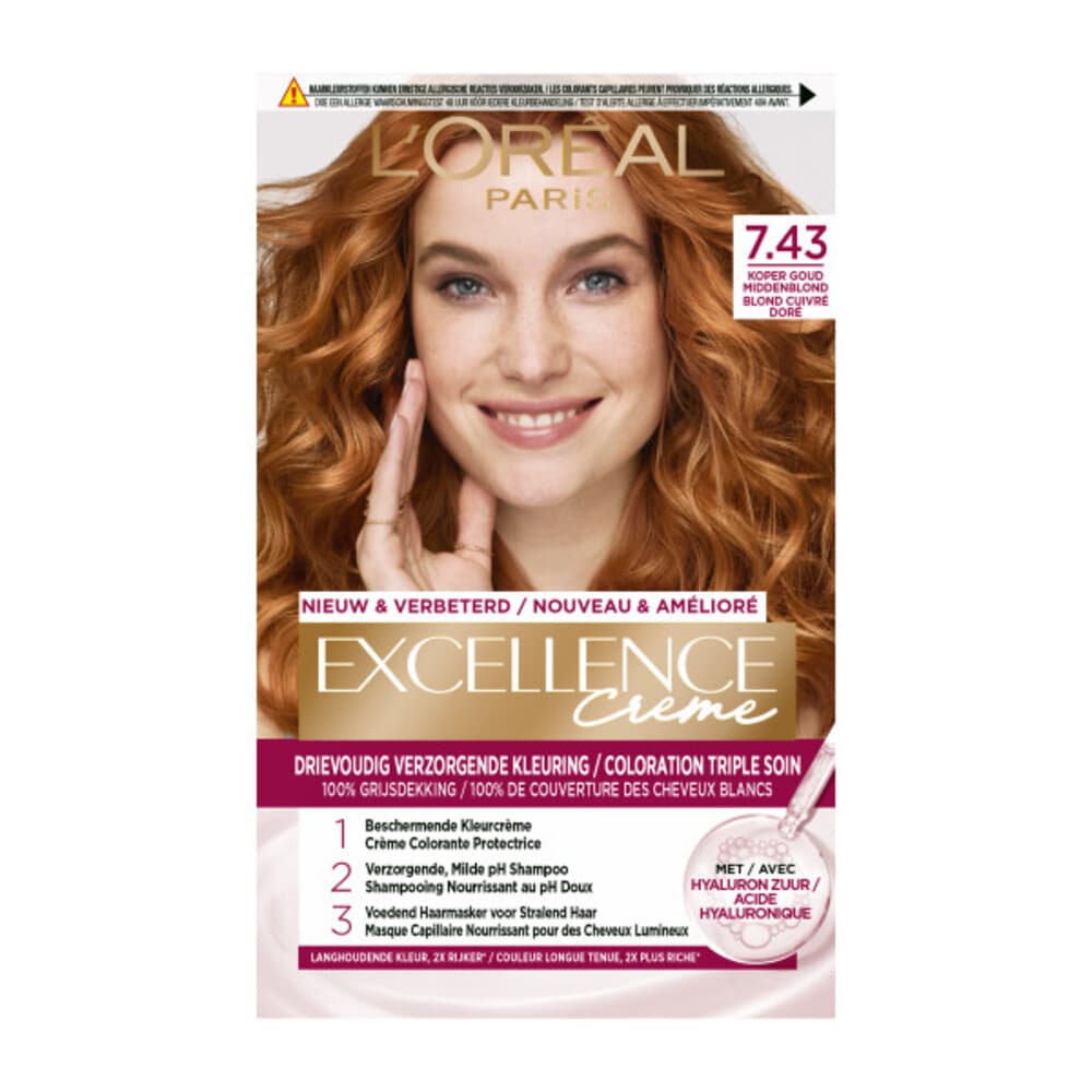 2x L'Oréal Excellence Crème Permanente Crèmekleuring 7.43 Koper Goudblond