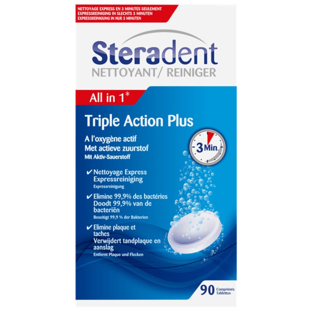 4x Steradent Triple Action Plus Kunstgebit Reiniger 90 tabletten