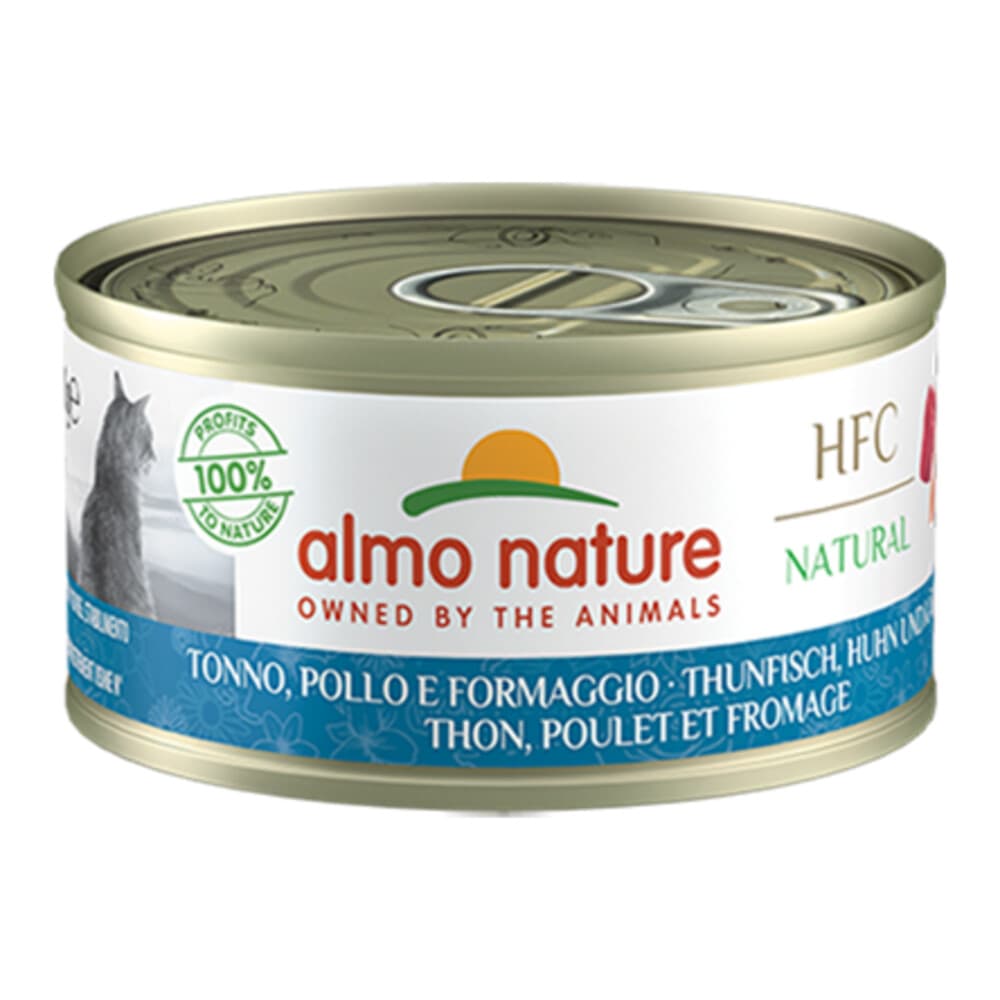 48x Almo Nature HFC Natural Kattenvoer Nat Blikje Tonijn&Kip&Kaas 70 gr