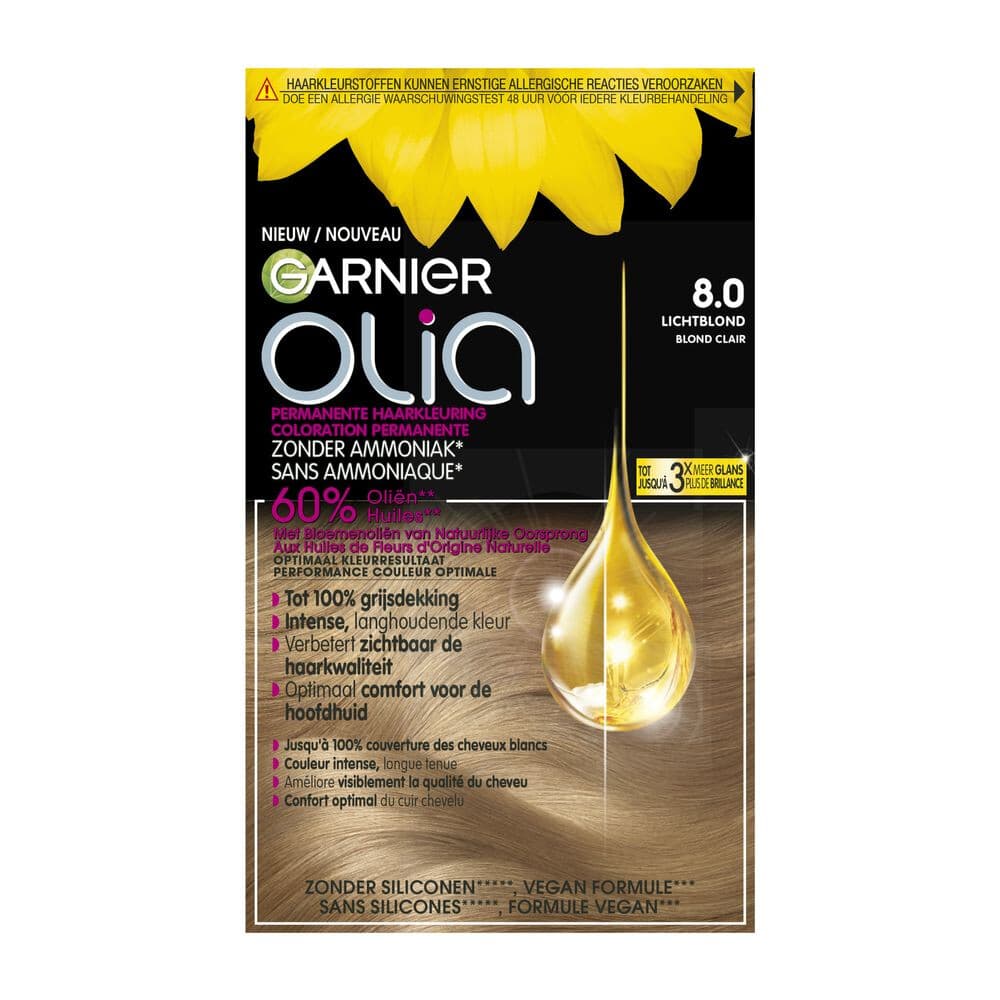 3x Garnier Olia Permanente Crèmekleuring 8.0 Licht Blond
