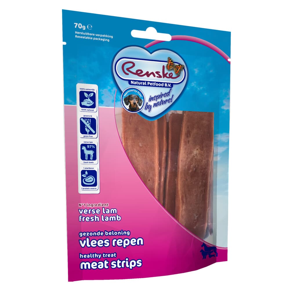 10x Renske Gezonde Beloning Vleesrepen Hondensnack Lam 70 gr