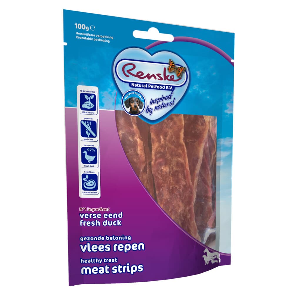 10x Renske Gezonde Beloning Vleesrepen Hondensnack Eend 100 gr