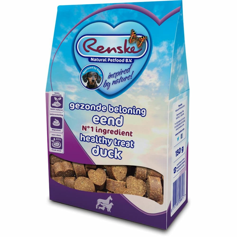 7x Renske Gezonde Beloning Hartjes Hondensnack Eend 150 gr