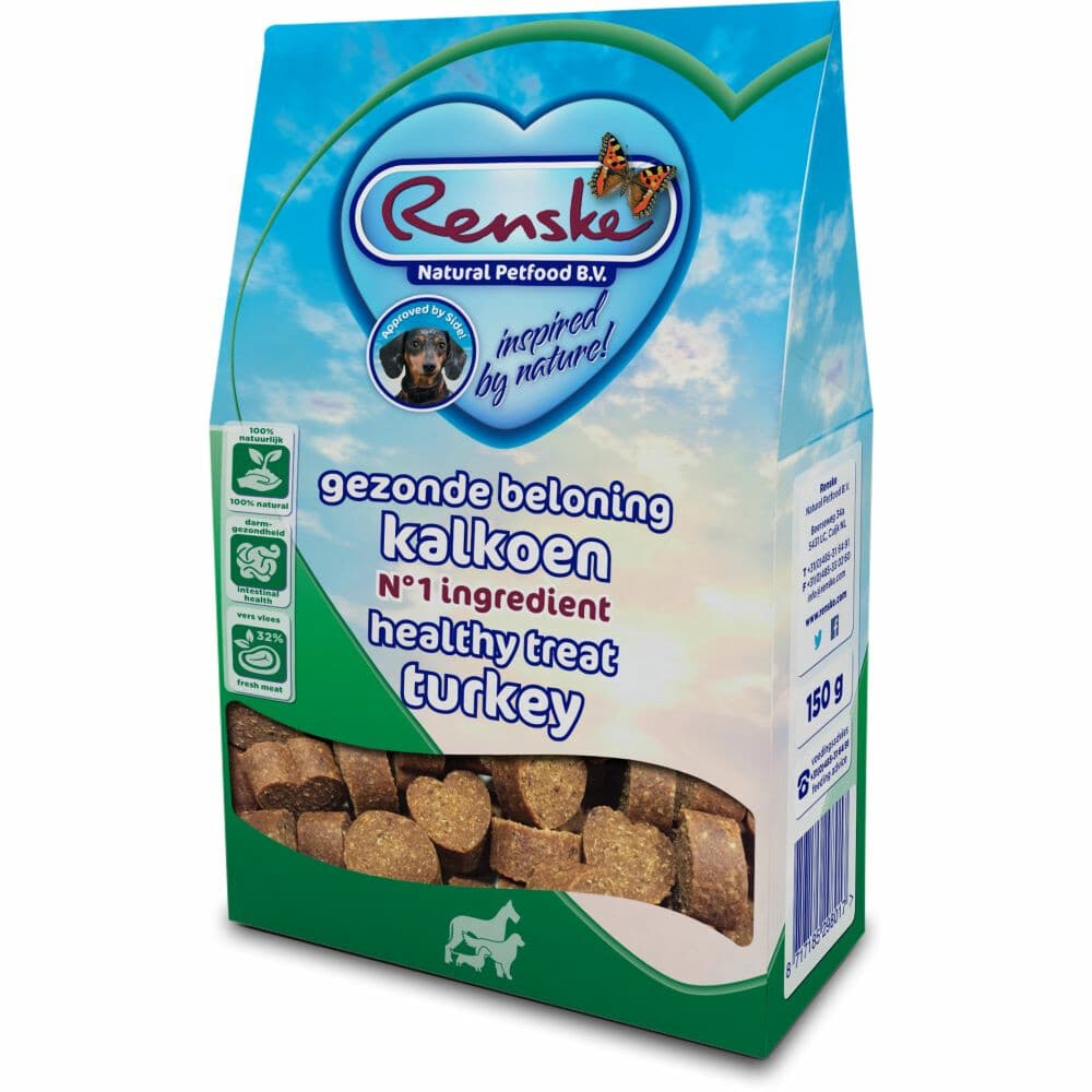 7x Renske Gezonde Beloning Hartjes Hondensnack Kalkoen 150 gr