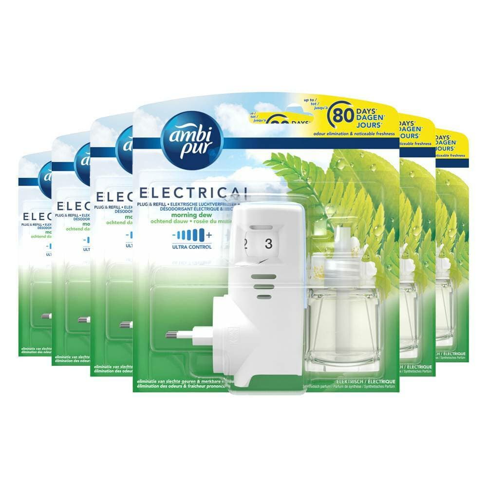 6x Ambi Pur Elektrische Geurverspreiders 1 compartiment Starterkit + Navulling Morning Dew 20 ml