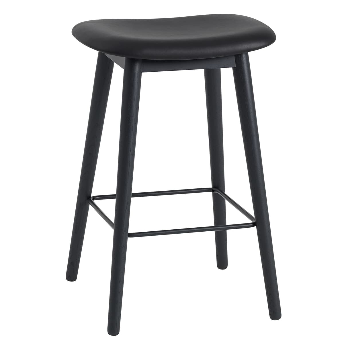 Muuto Fiber Wood Gestoffeerde Barkruk 65cm Zwart Leer