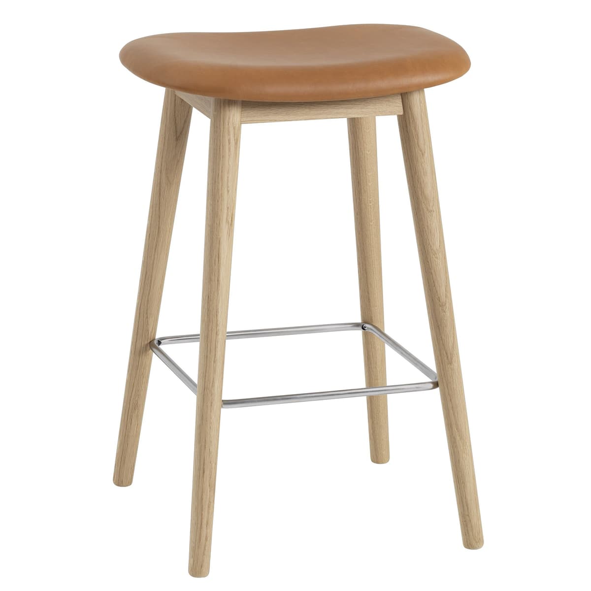 Muuto Fiber Wood Gestoffeerde Barkruk 65cm Cognac Leer