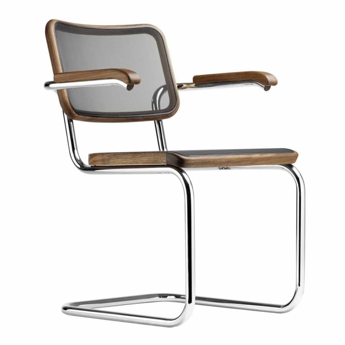 Thonet S64 N Stoel Netweave Met Armleuningen Walnoot Gebeitst Chroom Onderstel