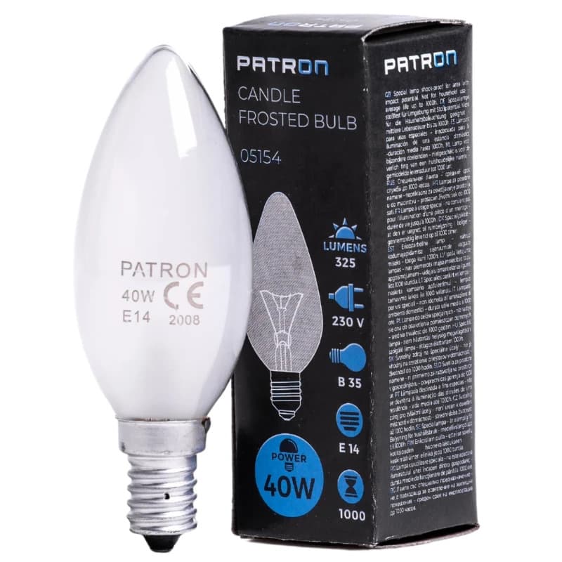 Patron E14 Kaars Gloeilamp | 40W 2700K 325Lm Mat | Dimbaar