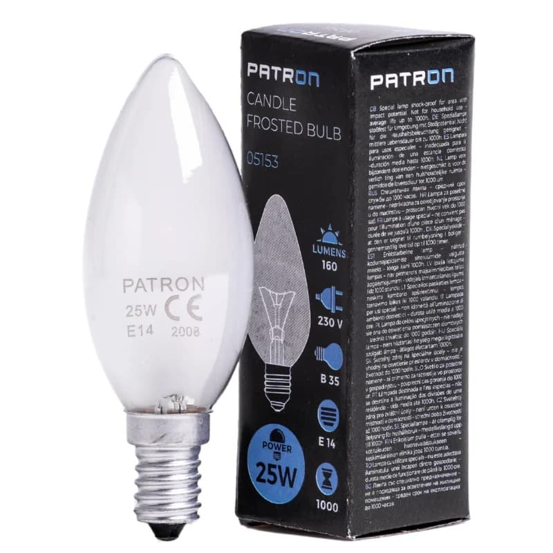 Patron E14 Kaars Gloeilamp | 25W 2700K 100Lm Mat | Dimbaar