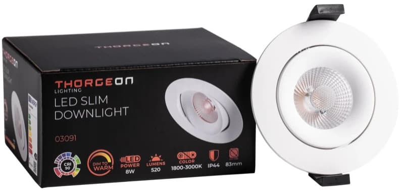 Thorgeon LED DownlighterØ83mm | 8W 1800K/3000K 520Lm | 918/930 IP44 Dimbaar