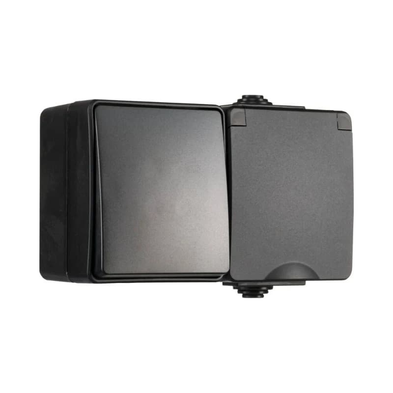 Ion Industries Schakelaar/wandcontactdoos | Opbouw Combinatie Wandcontactdoos en Wisselschakelaar IP55 Zwart thumbnail 2