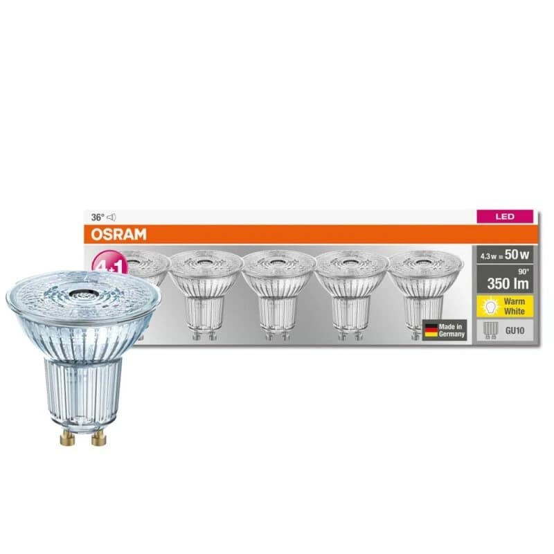 10x Osram 5X GU10 PAR16 LED Spot | 4.3W 2700K 220V/240V 827 350Lm | 36° Ø50mm