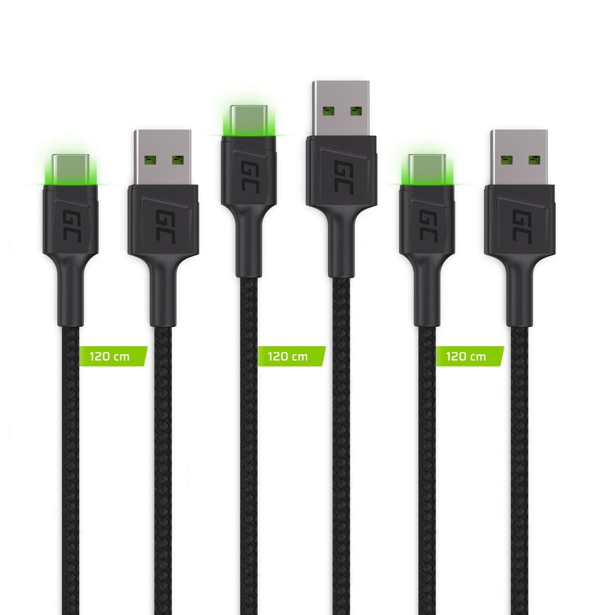 3x GC Ray USB-C 120cm kabel met groen LED verlichting, fast charging Ultra Charge, QC 3.0