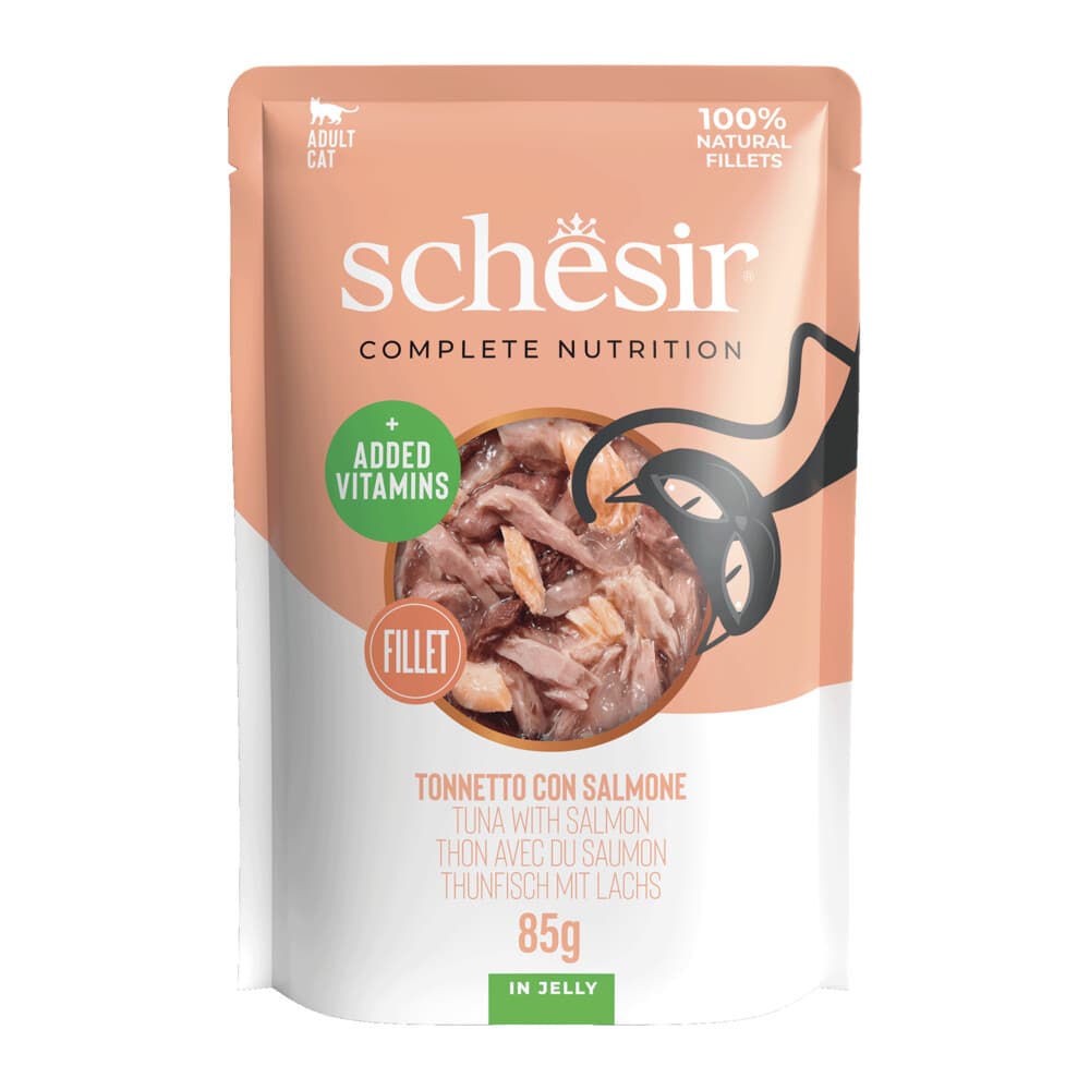 12x Schesir Kattenvoer Pouch Tonijn - Zalm in Gelei 85 gr