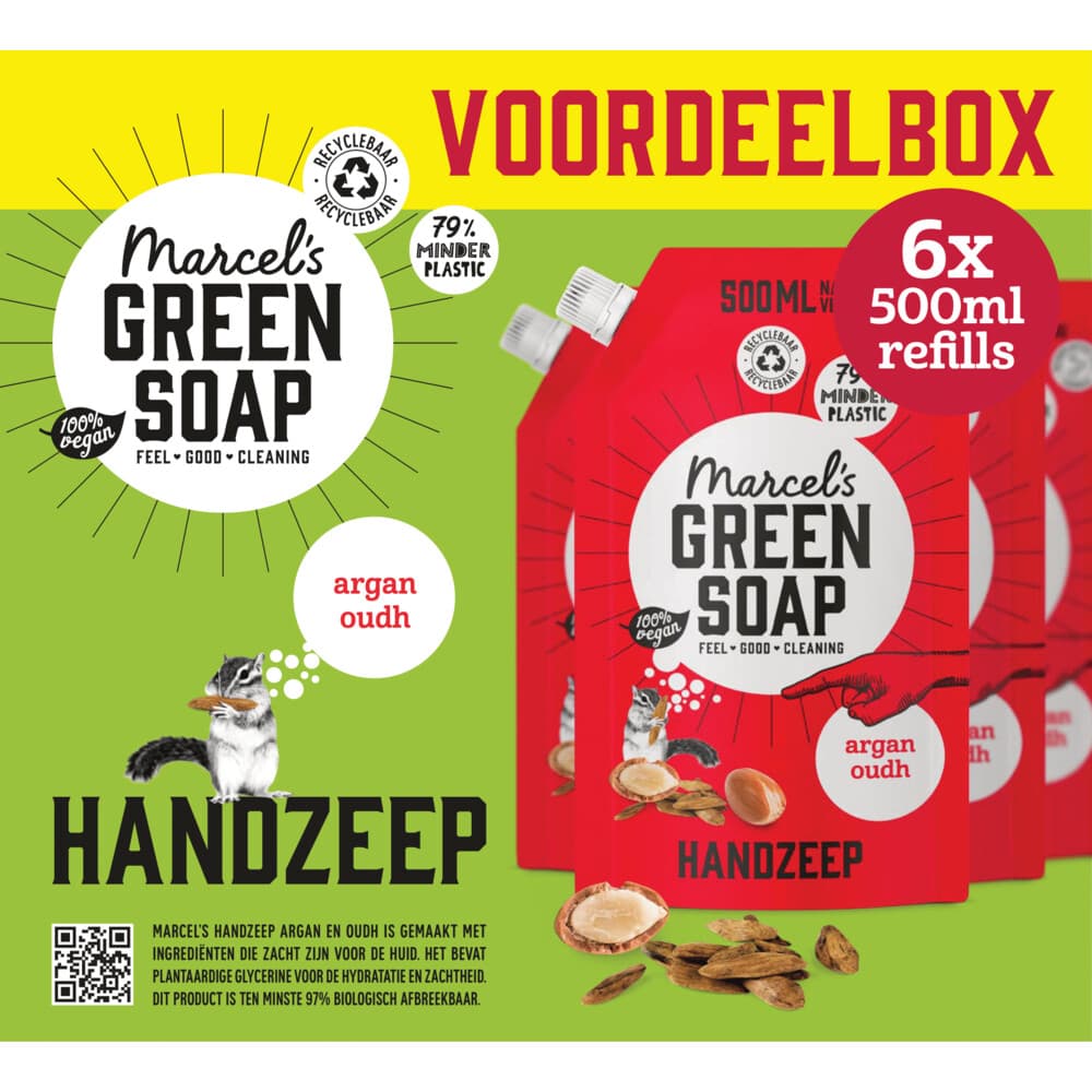 6x Marcel's Green Soap Handzeep Argan&Oudh Navul Stazak 500 ml