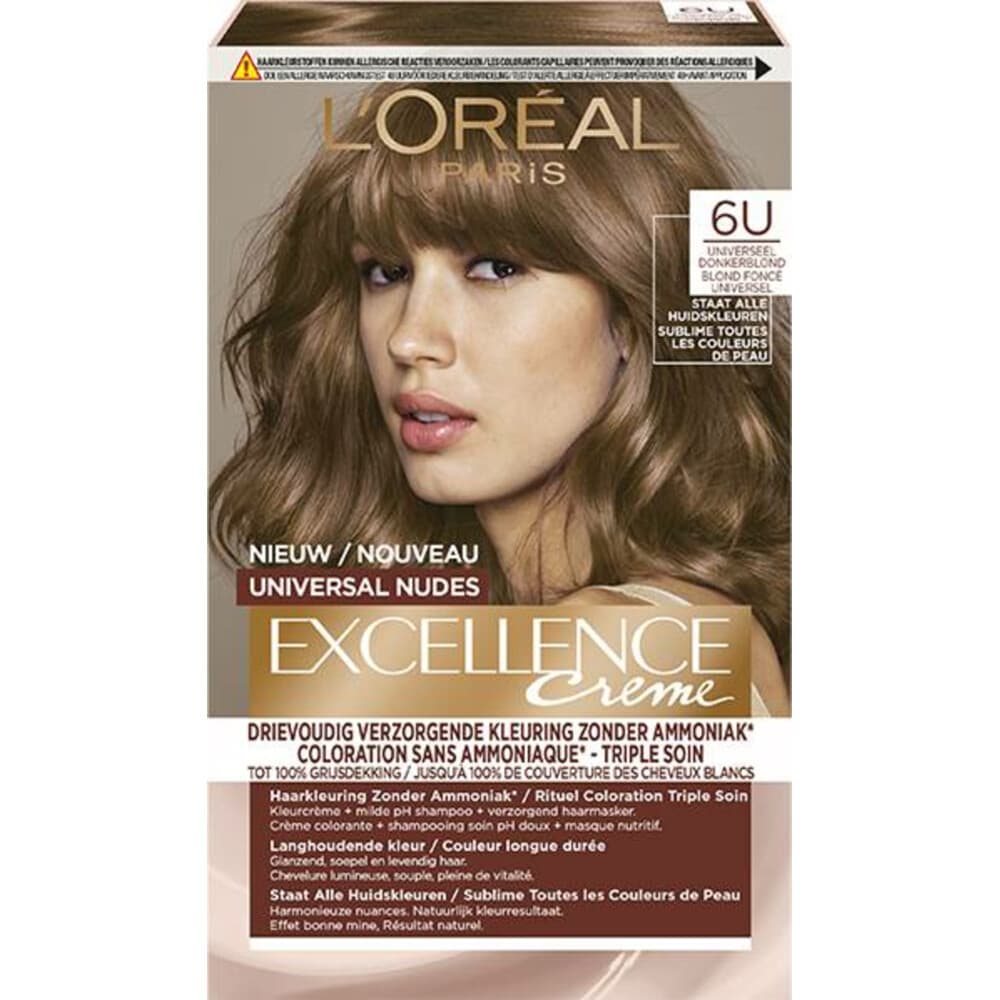 1+1 gratis: L'Oréal Excellence Crème Universal Nudes Permanente Haarkleuring 6U Universeel Donkerblond
