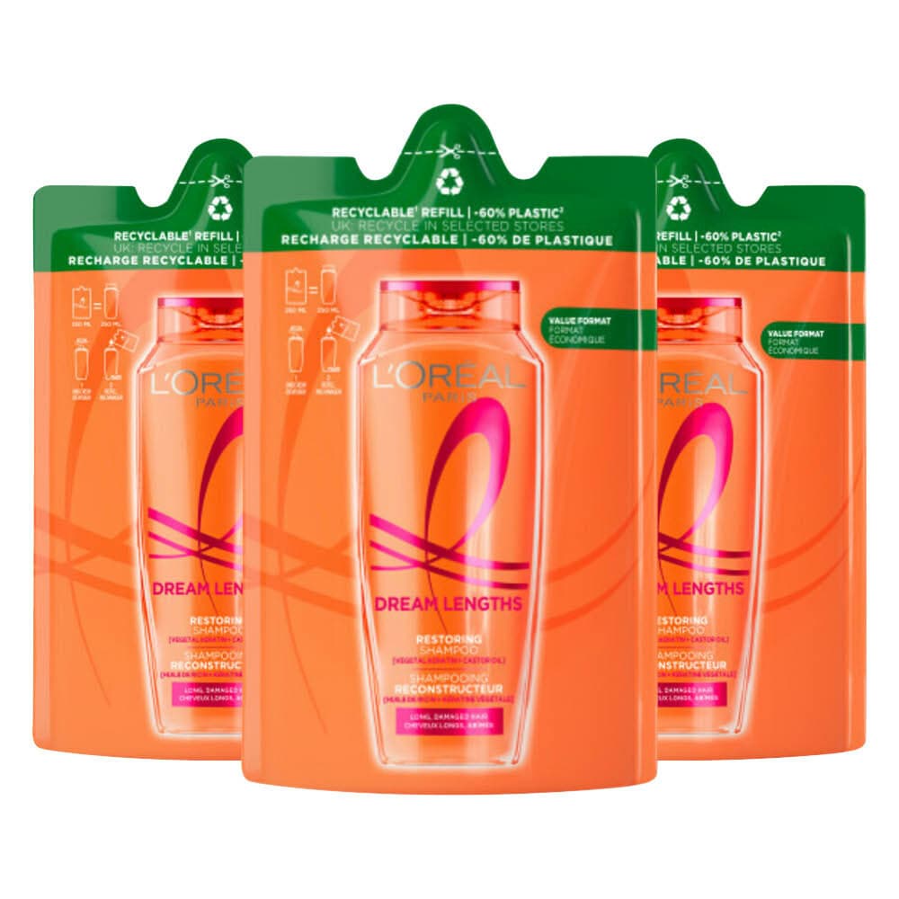 3x L'Oréal Elvive Dream Lengths Shampoo Refill 250 ml