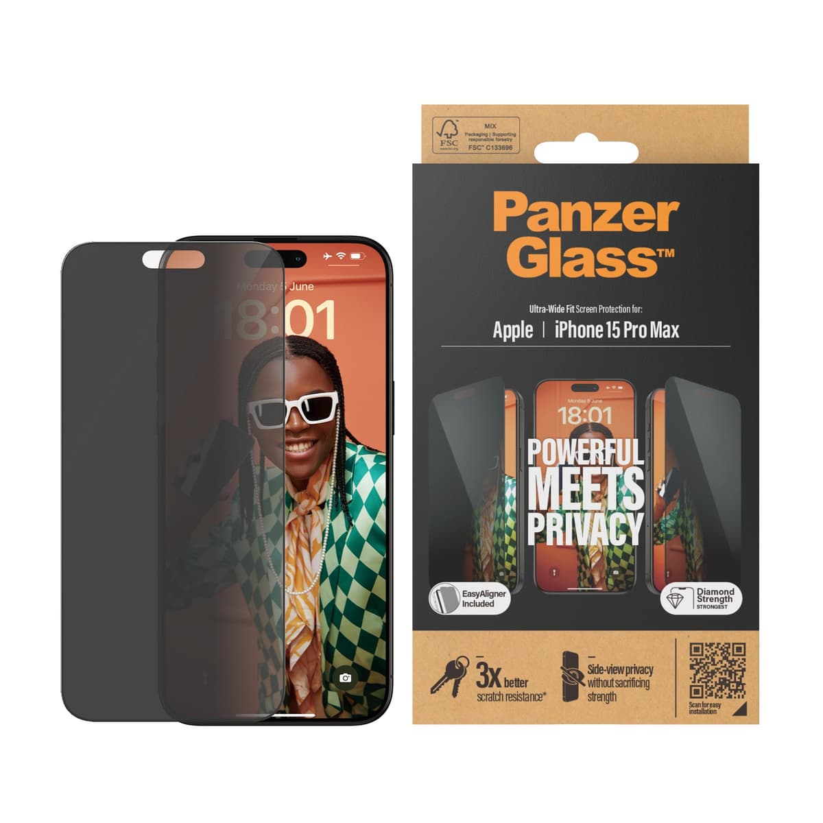 PanzerGlass - Privacy Screen Protector iPhone 15 Pro Max - Ultra-Wide Fit w. EasyAligner - afbeelding 1