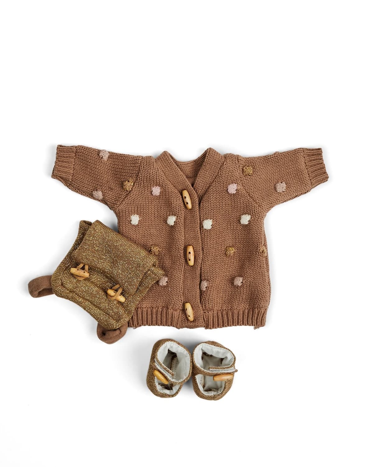 Smallstuff - Doll clothing, knitted long dot cardigan, shoes and backpack - (40010-47) - afbeelding 1