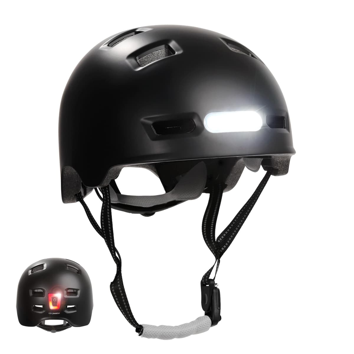 Crazy Safety - Urban fiets- en skaterhelm met voor- en achterlicht - Zwart - M (54-57cm) - afbeelding 1