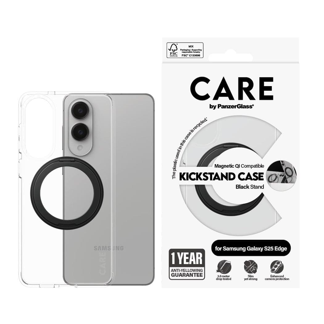 CARE by PanzerGlass - Feature Case Transparent m. Sort Kickstand&Qi Compatible Samsung S25 Edge - afbeelding 1