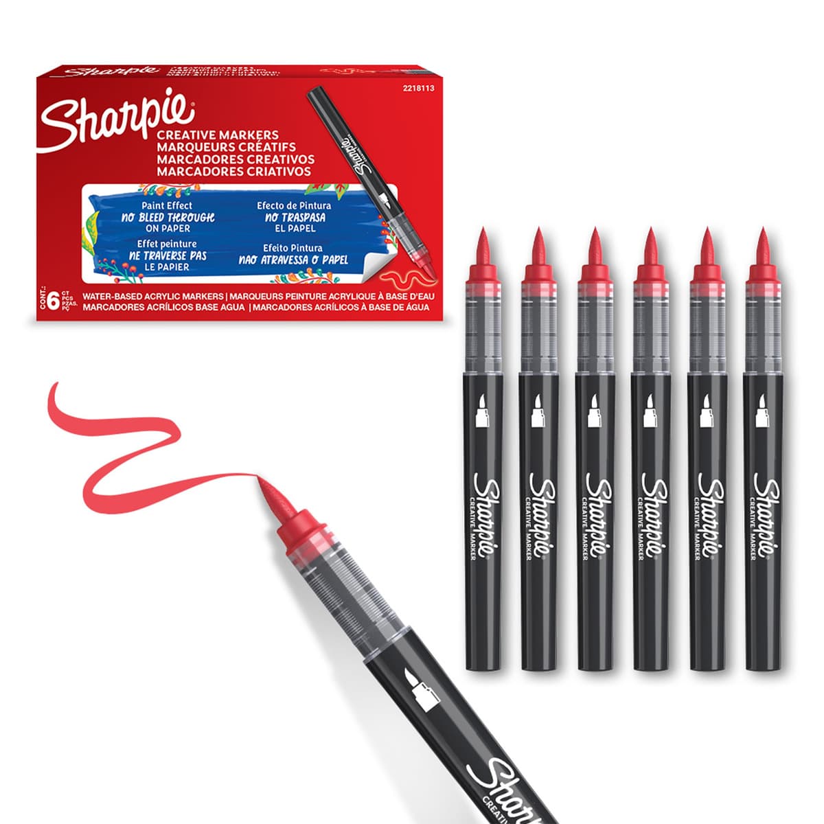 Sharpie - Creative Marker Acrylic Paint Pens - Brush Tip Water-Based Paint Markers - Red - 6 Count (SKU: 2218113) - afbeelding 1
