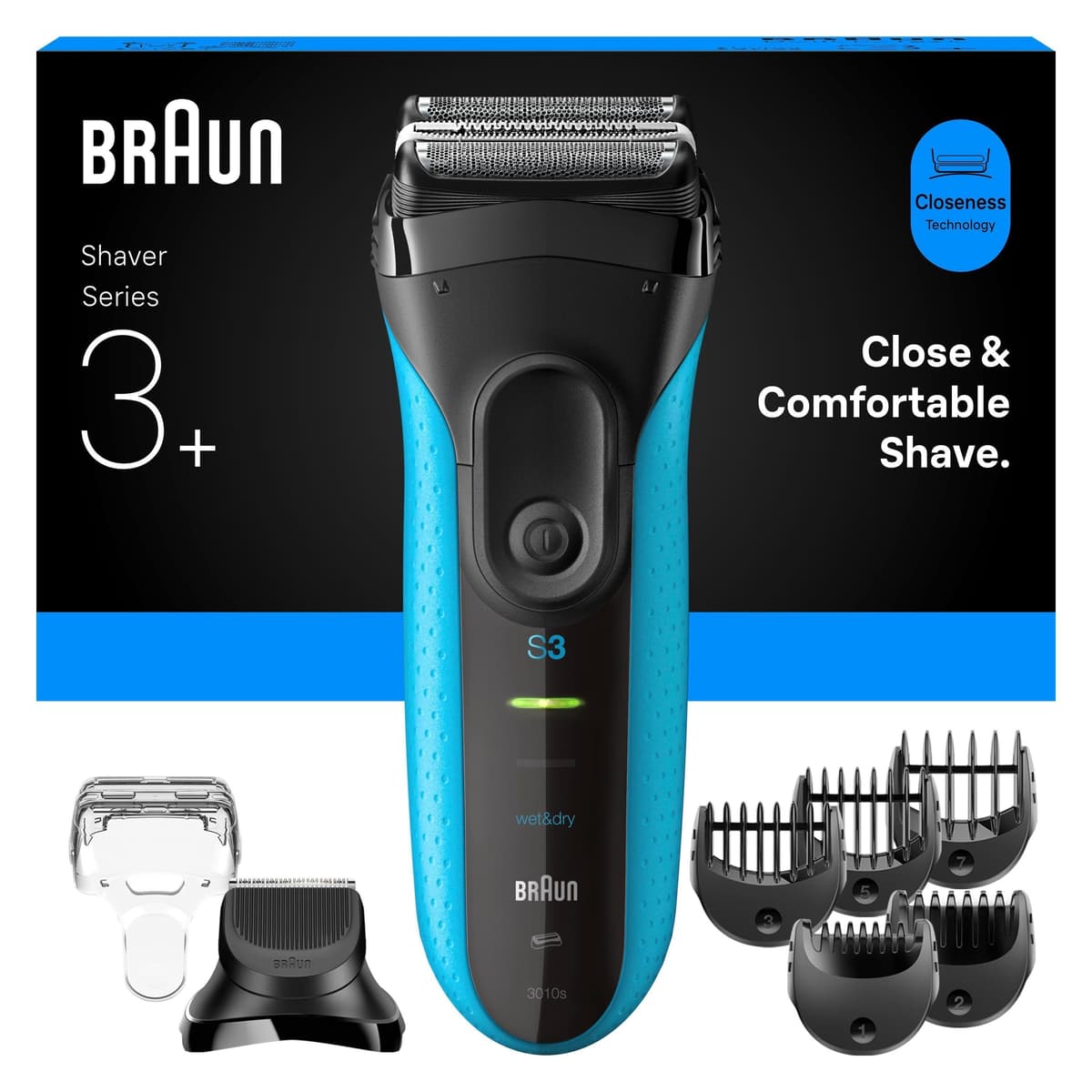Braun - Series 3+ Electric Shaver with Beard Trimmer Attachment, Wet&Dry - 3010BT - Blue - afbeelding 1