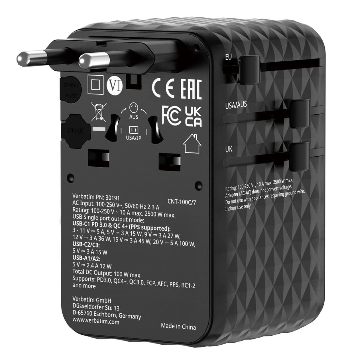 Verbatim - Charge 'n' Travel 100W Universal Travel Adapter with retractable cable Black - afbeelding 1