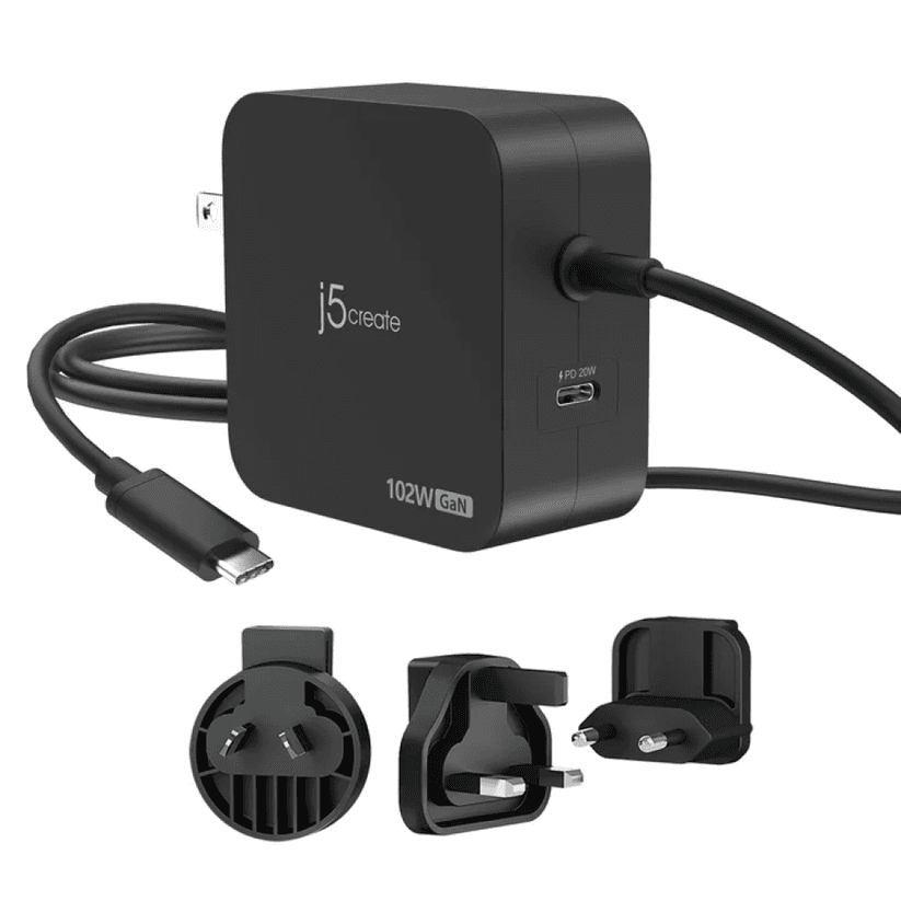 J5create - 102W GaN PD USB-C 2-Port Charger, Interchangeable AC Plugs