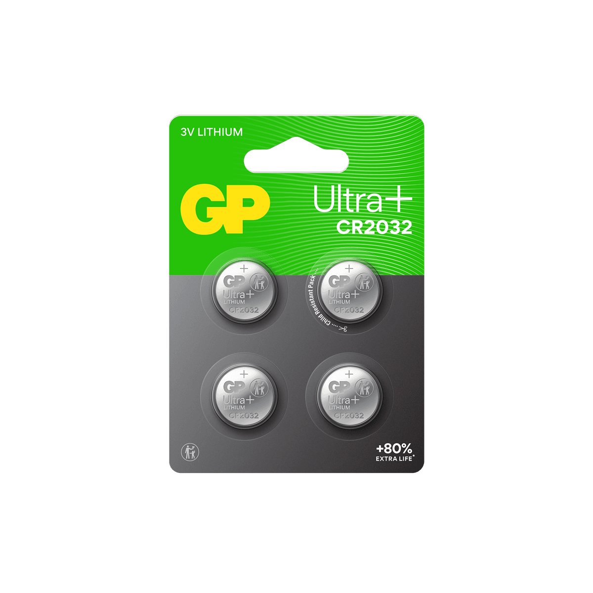 GP - Ultra Plus Lithium Cell Battery CR2032, 3V - 4-pack