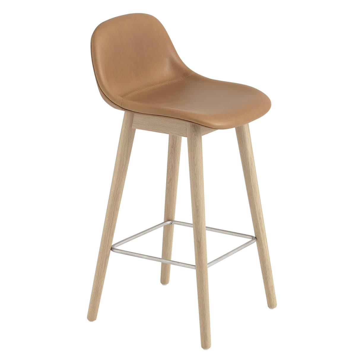 Muuto Fiber Backrest Wood Gestoffeerde Barkruk 65cm Cognac Leer - afbeelding 1