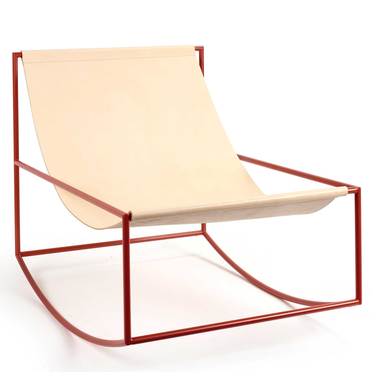Valerie Objects Rocking Chair Schommelstoel Leer Onderstel Rood Staal